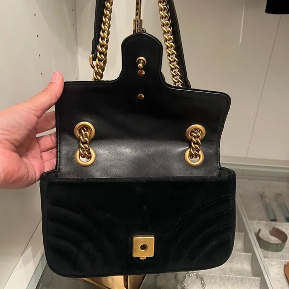 Gucci Black Matelassé Velvet Small GG Marmont Shoulder Bag - Picture 6 of 6